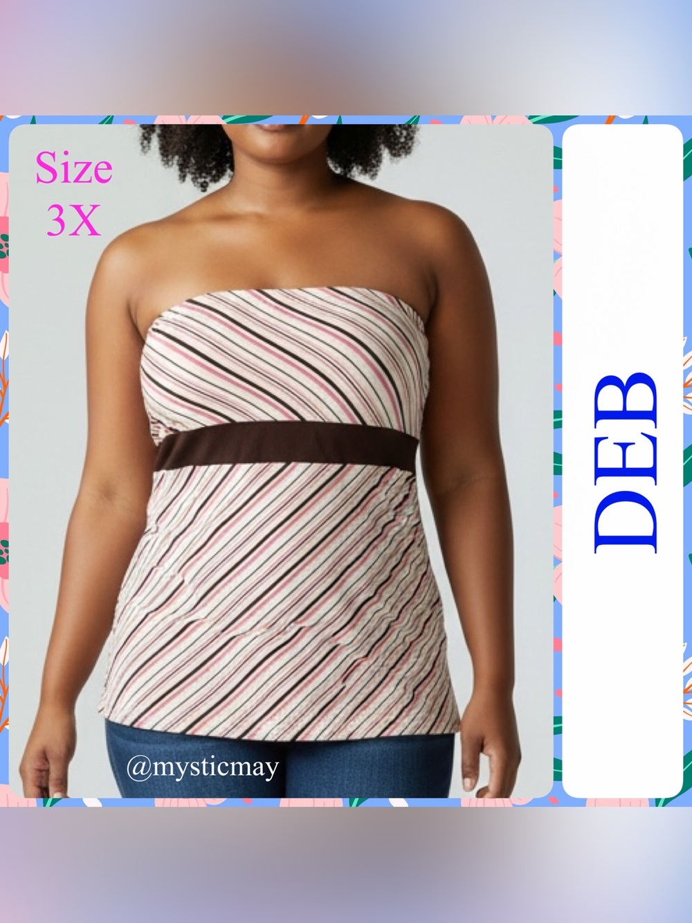 Vintage Y2K DEB Pink w Brown Striped Jersey Belted Strapless Tube Top Size 3X